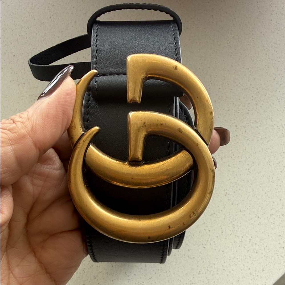 Black Leather Belt with Gold Buckle